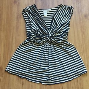 Max Studio Navy and Cream Ruched Stripped Top